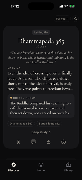 Soulfeed Discover study card for Dhammapada 385, with its meaning and a did-you-know fact