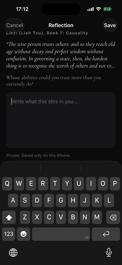Soulfeed reflection screen with a passage, a question and a private note field