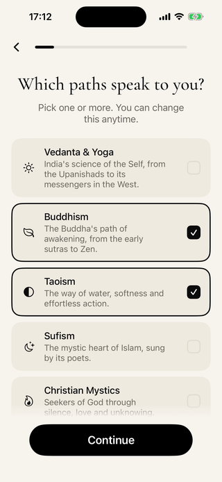 Soulfeed onboarding screen asking which paths speak to you, with Buddhism and Taoism selected