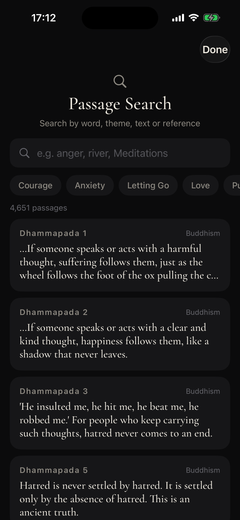 Soulfeed passage search with topic chips and Dhammapada results