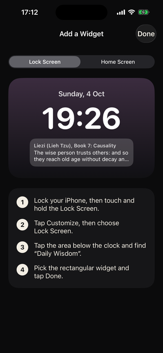Soulfeed widget instructions showing the daily passage on the Lock Screen